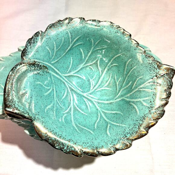 Vintage California Pottery Cabbage Leaf Bowl Set Teal Gold Speckle 5 Piece MCM - Picture 4 of 5